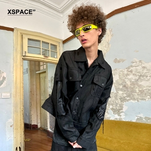 【XSPACE】TRIANGLE PROJECT 刷蜡水洗破坏牛仔拼皮链条夹克外套