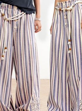 【XSPACE】Dpercent丨激光镂空绣花连腰波浪褶条纹宽松休闲阔腿裤