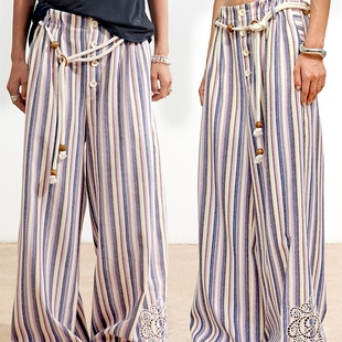 【XSPACE】Dpercent丨激光镂空绣花连腰波浪褶条纹宽松休闲阔腿裤