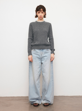 【XSPACE】Dpercent｜绵羊毛拼接假两件圆领修身内搭绞花针织毛衣