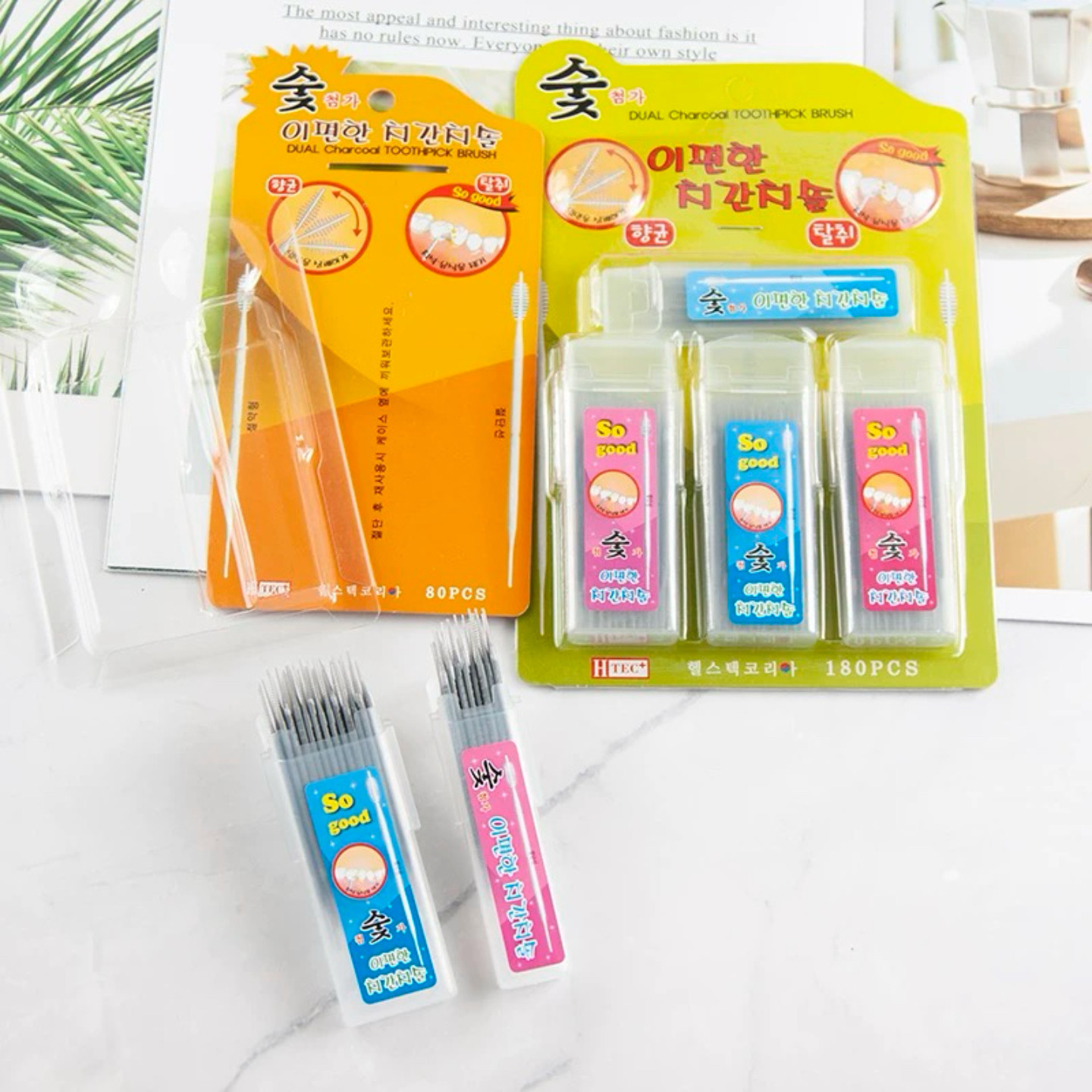 韩国进口牙缝刷牙签鱼骨双头牙线刷剔牙棒家用便携式随身收纳盒装