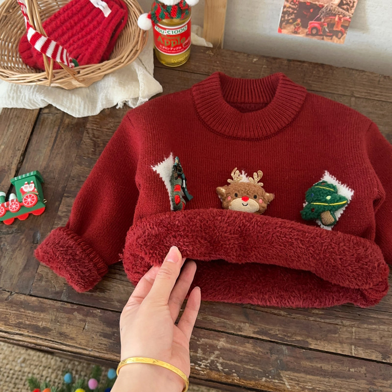 女童冬季圣诞套头毛衣女宝宝加厚一体绒针织衫男童加绒喜庆毛线衣