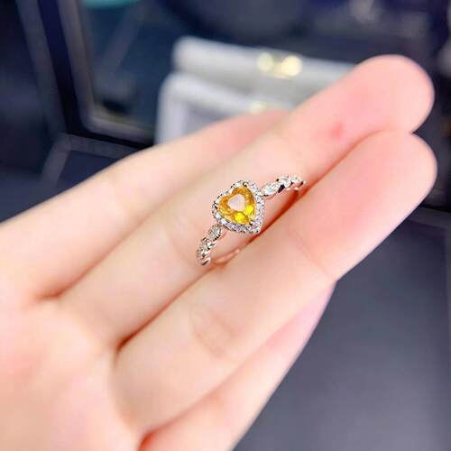 天然黄水晶心形纯银戒指清新甜美