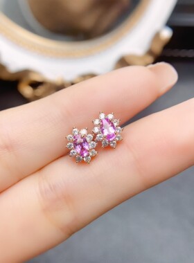 天然粉色蓝宝石S925纯银高端耳钉