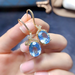 大颗粒天空蓝天然托帕石耳钉女s925纯银镶嵌宝石10*12mm耳坠耳饰