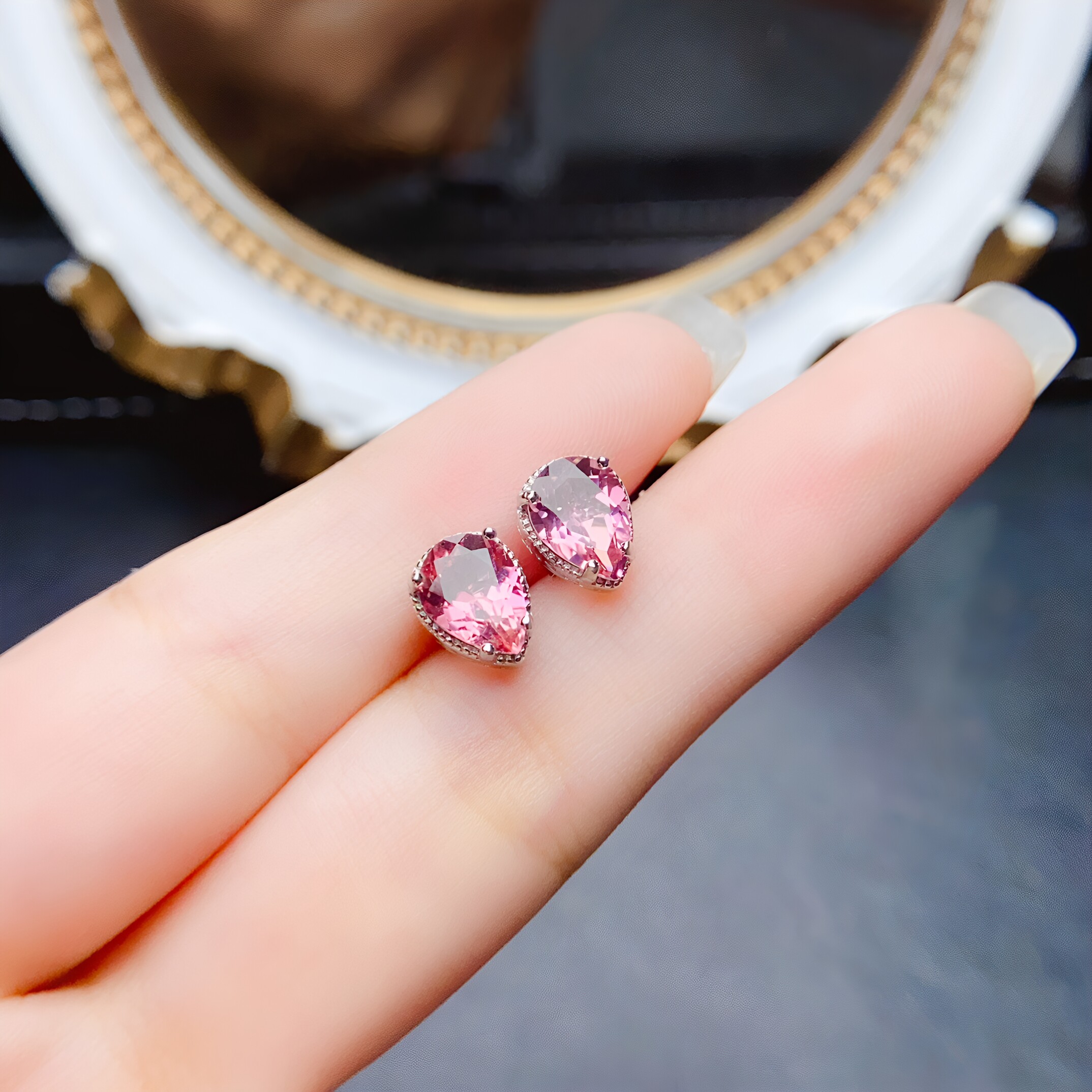 天然碧玺耳钉女S925纯银镶嵌宝石6*8mm简约百搭款小众设计感耳饰
