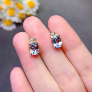 天然天空蓝托帕石耳钉女s925纯银镀18k金镶嵌宝石6*8法式椭圆耳饰