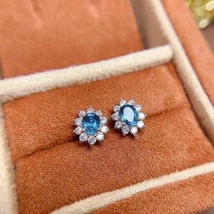 戴妃经典款天然瑞士蓝托帕石女耳钉s925纯银镶嵌橄榄石石榴石耳饰