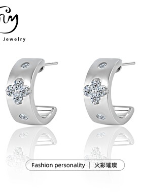 莫桑钻S925纯银女耳扣宽面四叶草