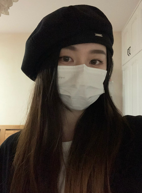 黑色贝雷帽女韩系ins秋冬复古毛呢帽子显脸小百搭简约大头八角帽