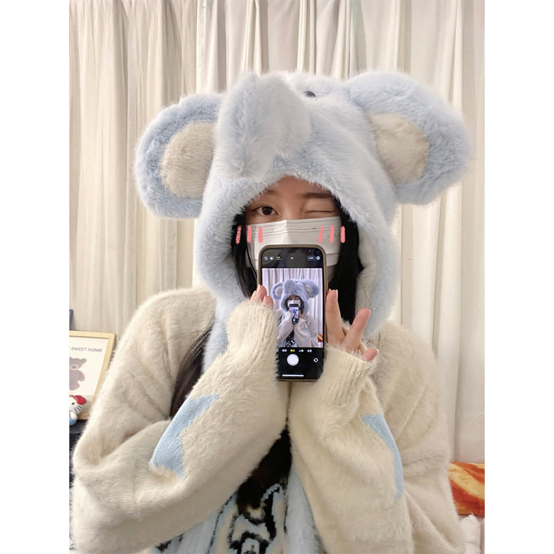 可爱大象毛绒帽子保暖女冬季加绒加厚软萌显脸小护耳包头雷锋帽