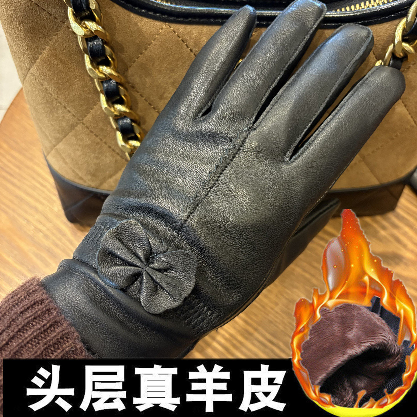 真皮手套女士绵羊皮冬季加绒加厚保暖骑车薄款真皮手套骑行蝴蝶结