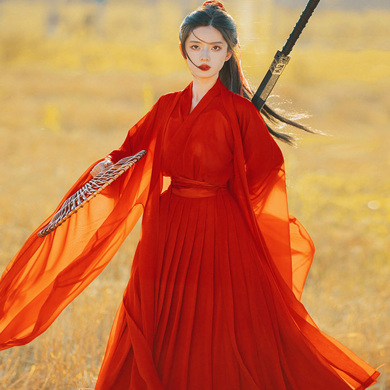 汉服女红色武侠古装魏晋风广袖流仙裙仙气交领改良大袖衫秋季