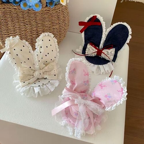 时尚甜美立体粉色丝带蝴蝶结碎花兔耳朵发夹可爱顶夹洛丽塔夹子
