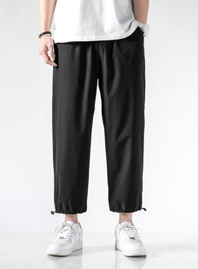 直筒裤男九分裤宽松运动裤春秋抽绳阔腿哈伦休闲裤子