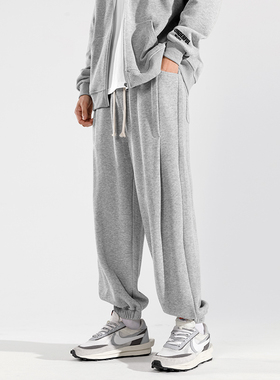 灰色运动裤秋冬季加绒休闲束脚裤长裤韩版潮流百搭男士重磅卫裤子