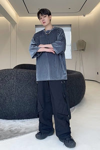 2023夏季金丝绒纯色波浪纹宽松小众休闲男士t恤D843P48图片