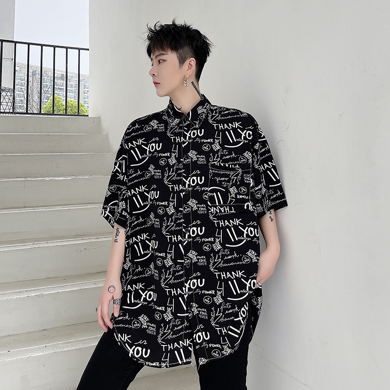 春夏新品ins个性潮牌衬衫男宽松青春流行时尚字母不规则D703P55，男装衬衫，星座312B-1