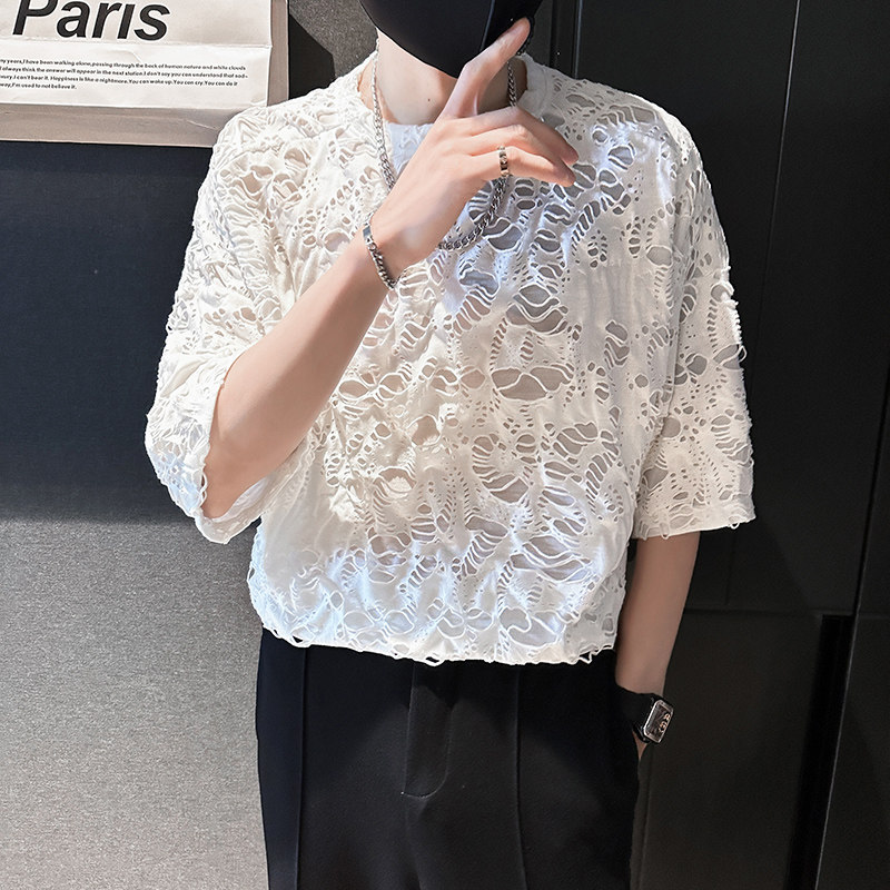 2023夏季新款社会小伙时尚破洞短袖T恤男上衣D841P50,男装T恤,星座312B-1
