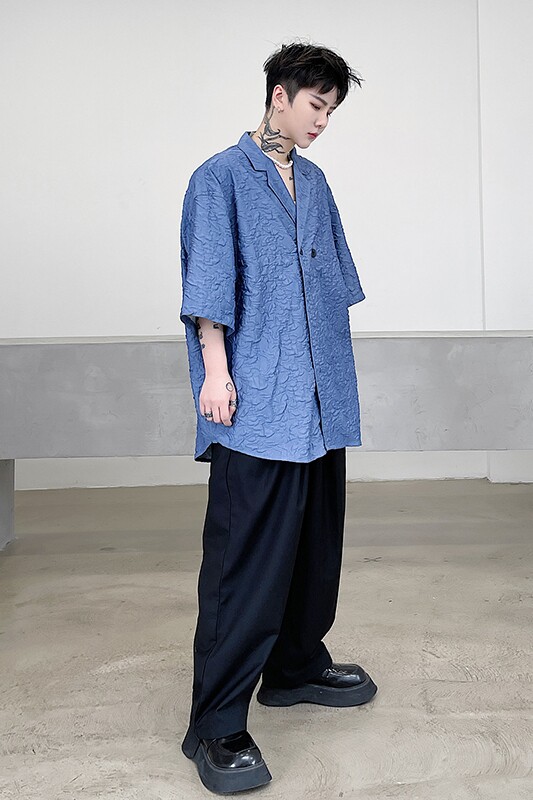 2022小众风格提花宽松纯色夏季五分袖西装领外套衬衣D708P65,男装衬衫,星座312B-1
