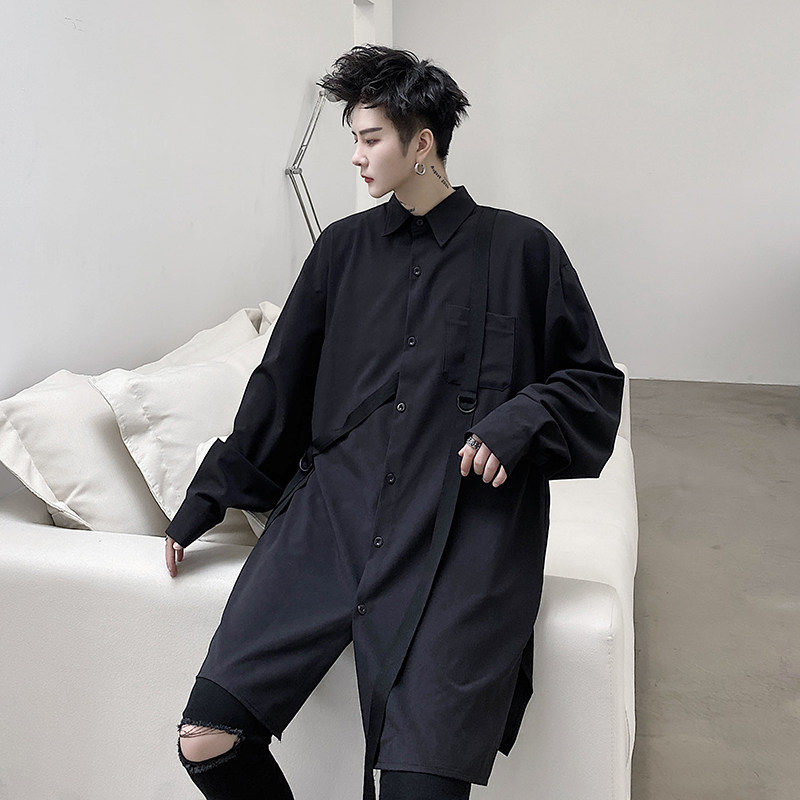 2021秋季潮款个性绳袢修饰宽松衬衫加长款百搭暗黑男衬衫D685图片