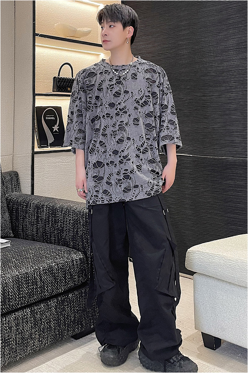 2023夏季新款暗黑时尚小众破洞设计短袖T恤D841P50,男装T恤,星座312B-1