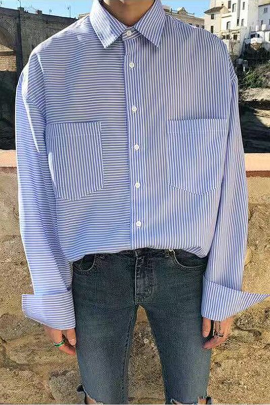 20秋季百搭款男衬衫细条纹大口袋长袖衬衫休闲大版男衬衫D603P50,男装衬衫,星座312B-1