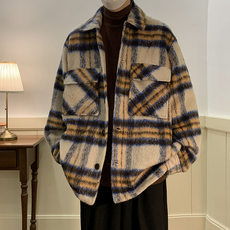 2022冬季新款格纹拼接羊毛长毛呢加厚外套双口袋设计上衣D816P128，男装毛呢大衣，星座312B-1