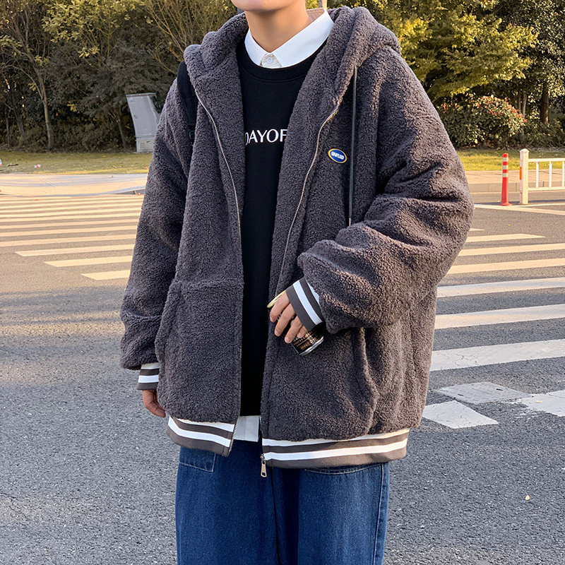 2020冬季新款中性百搭学院风羊羔毛外套加棉加厚连帽棉衣D117P115图片