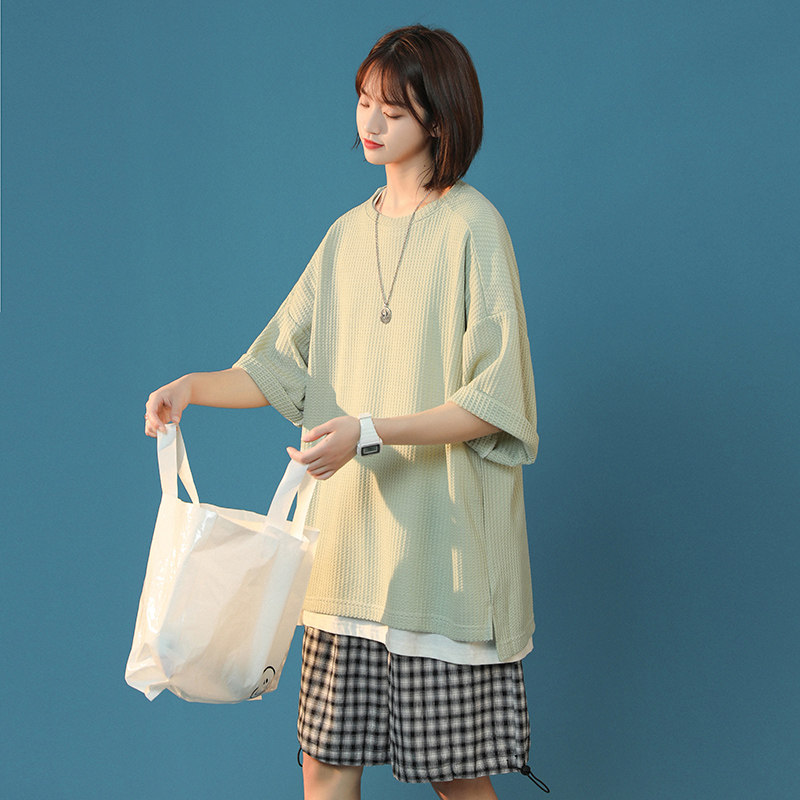 2021夏季新款华夫格舒适时尚潮款宽松五分袖T恤D125P35,女装T恤,星座312B-1