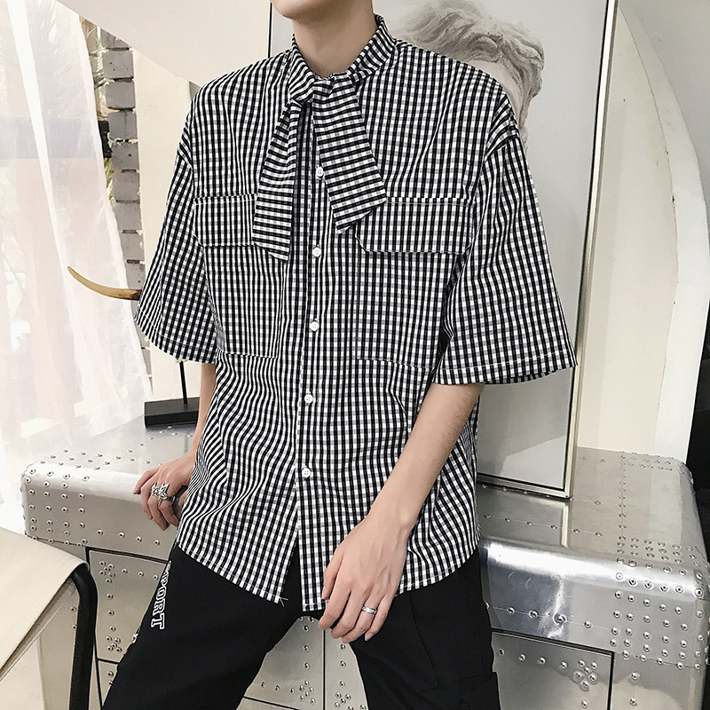 2021夏季新款小众方领青春五分袖宽松格子衬衫男士衬衣D151,男装衬衫,星座312B-1