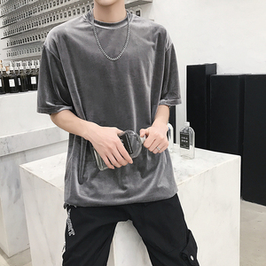 短袖男生夏季宽松港风体恤美式潮牌丝绒半袖t恤D153P45图片