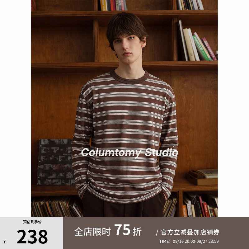 老钱风条纹圆领长袖2026秋季新款Cleanfit男休闲美式上衣T恤打底