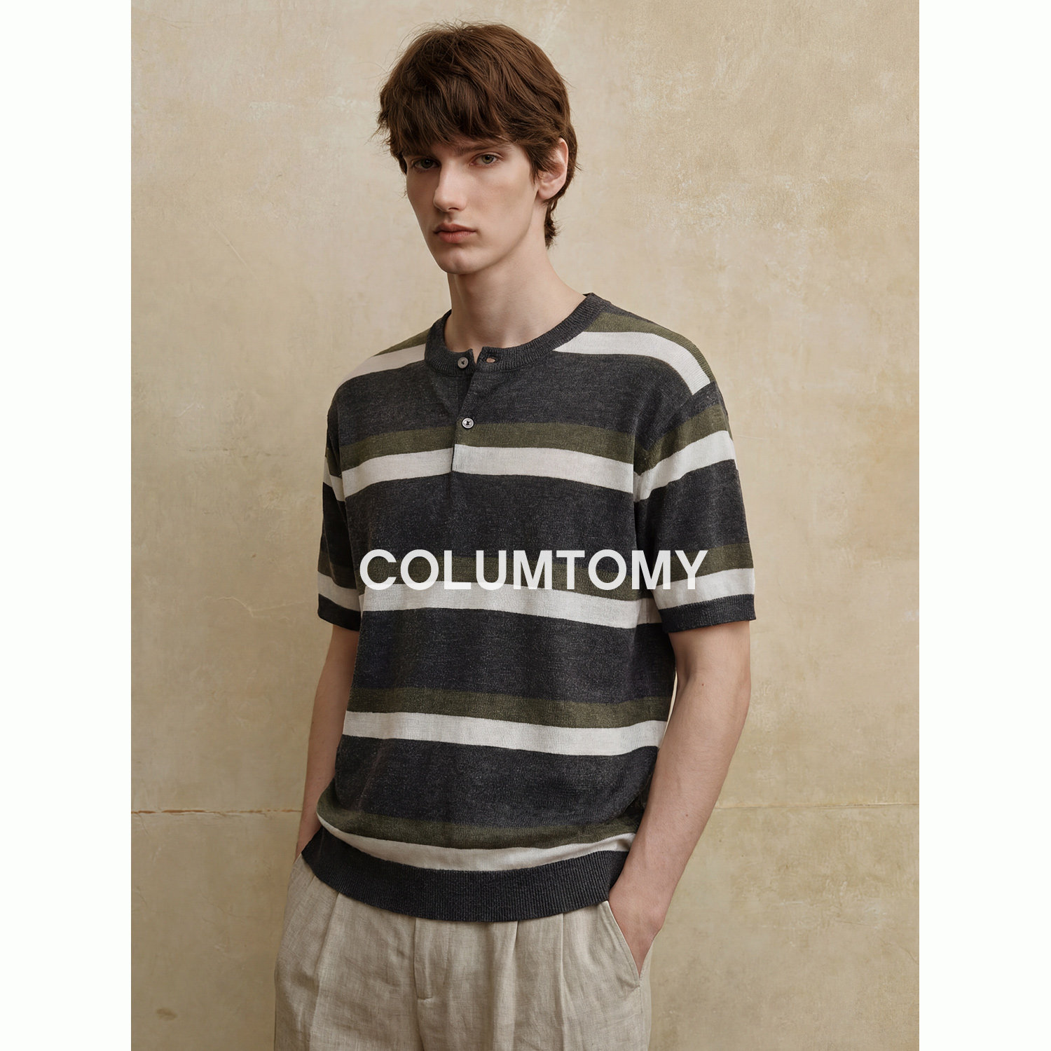 天丝亚麻混纺老钱风条纹针织短袖2026年夏季新款男士T恤Cleanfit