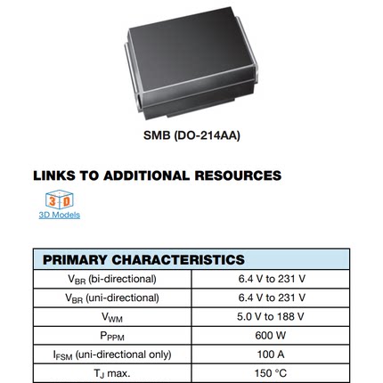 SMBJ16CA-E3/52  26V-夹子-23.1A-Ipp-TVS二极管DO-214AA（SMBJ）