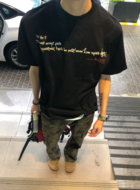 BUFANSTUDIO260g草写标语正肩cleanfit小领口圆领T恤宽松短袖潮牌