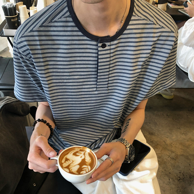 BUFANSTUDIO拼色翻边袖条纹亨利领短袖T恤男正肩舒适夏日cleanfit