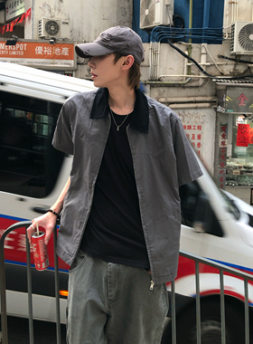 BUFANSTUDIO底特律重磅水洗拼接撞色翻领短袖巴恩风工装衬衫夏季