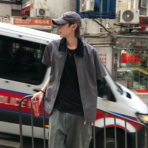 底特律重磅水洗拼接撞色翻领短袖