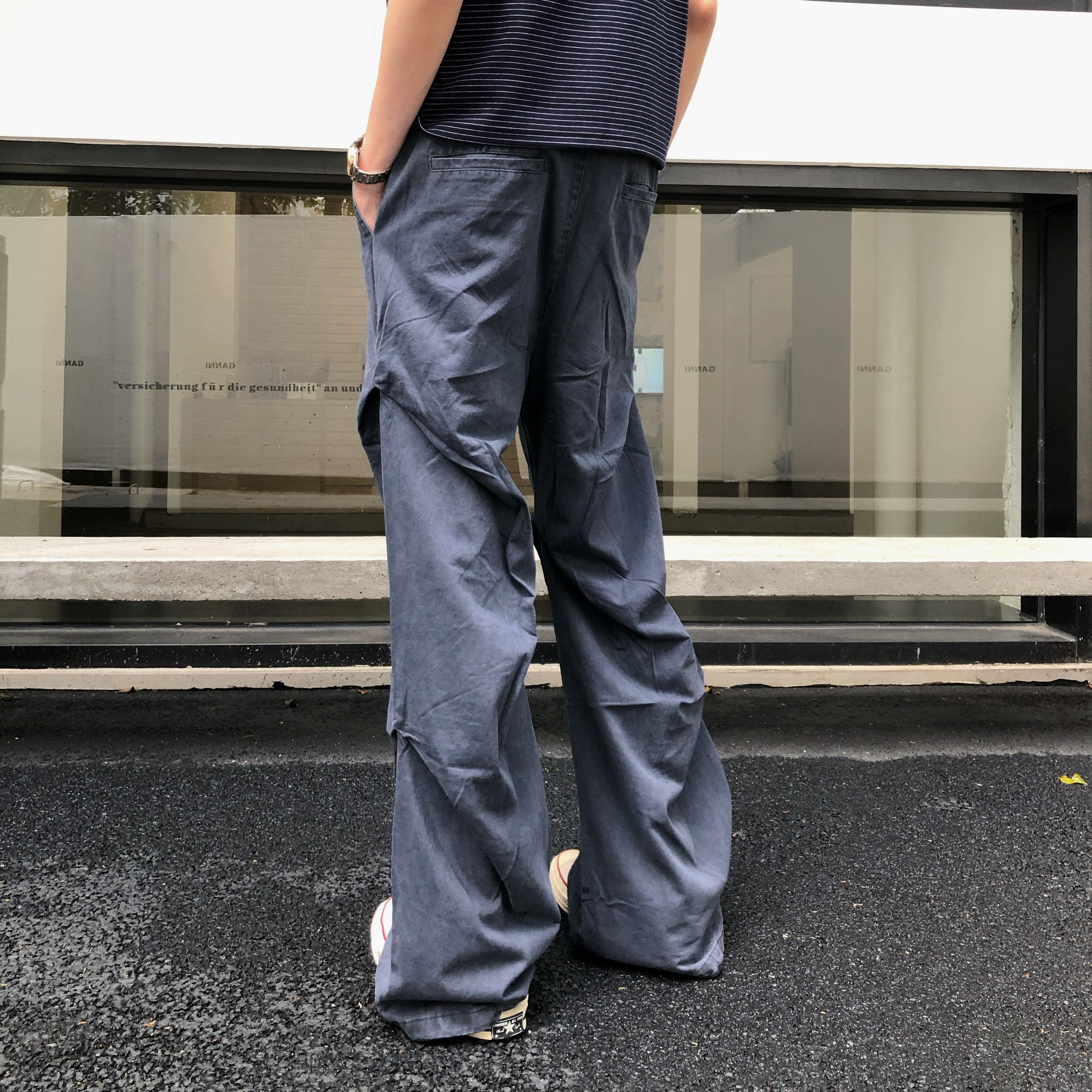 BUFANSTUDIO法工蓝褶皱工装裤微喇阔腿裤男女夏季简约cleanfit