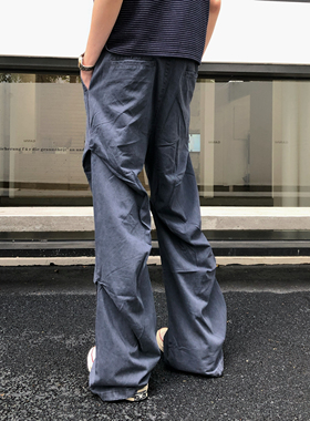 BUFANSTUDIO法工蓝褶皱工装裤微喇阔腿裤男女夏季简约cleanfit