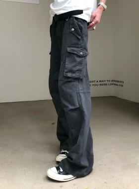 BUFANSTUDIO耐磨多口袋宽松直筒工装裤男女休闲长裤美式复古裤子