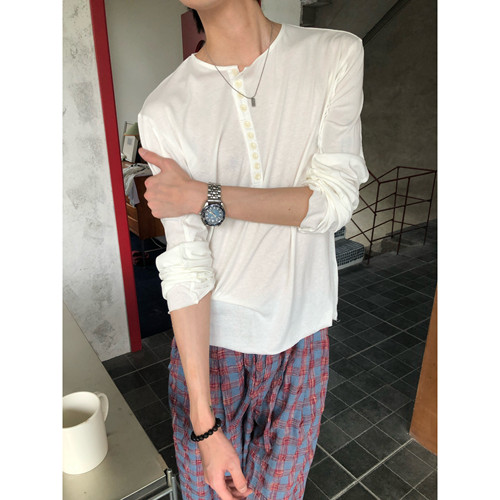 亚麻莱赛尔轻薄多扣亨利领长袖T