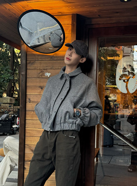 BUFANSTUDIO100%羊毛呢紫内短宽外套手工缝线飞行夹克cleanfit男