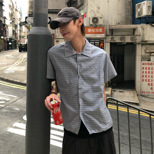褶皱肌理抽绳格纹衬衫