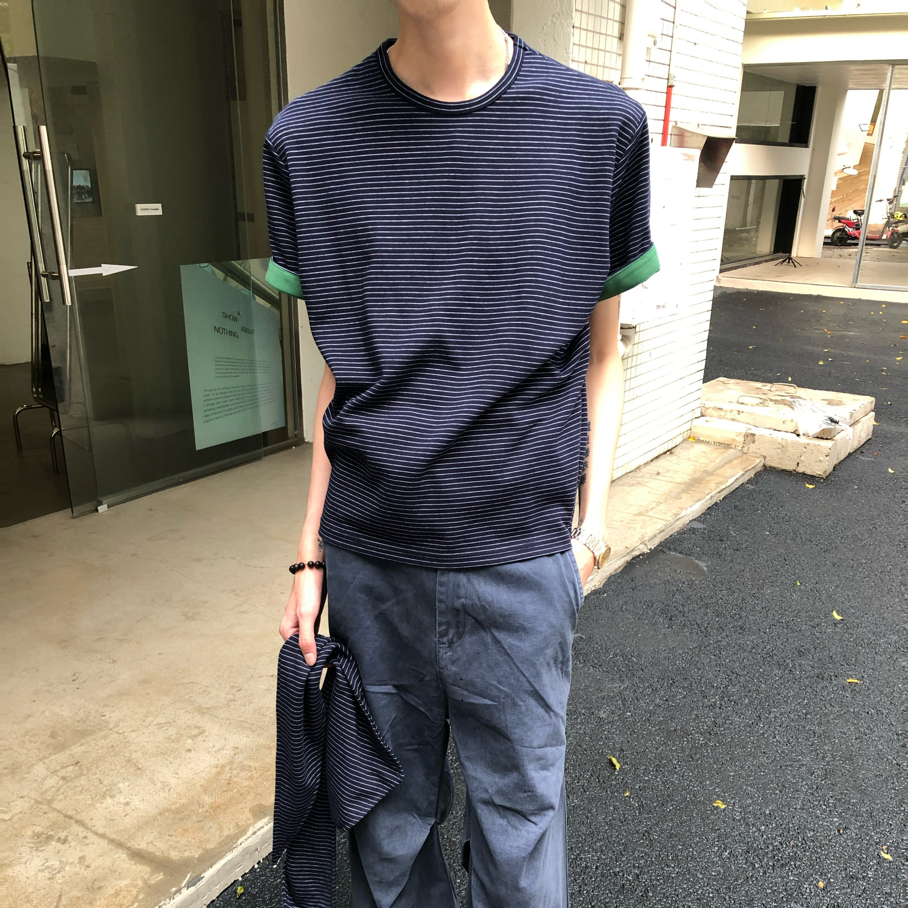 BUFANSTUDIO拼色内里条纹短袖T恤简约领巾夏休闲情侣干净上衣半袖
