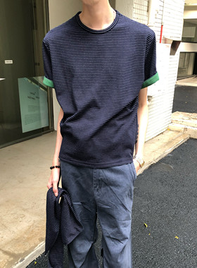 拼色内里条纹短袖T恤简约