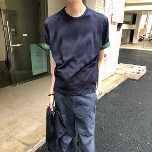 BUFANSTUDIO拼色内里条纹短袖T恤简约领巾夏休闲情侣干净上衣半袖