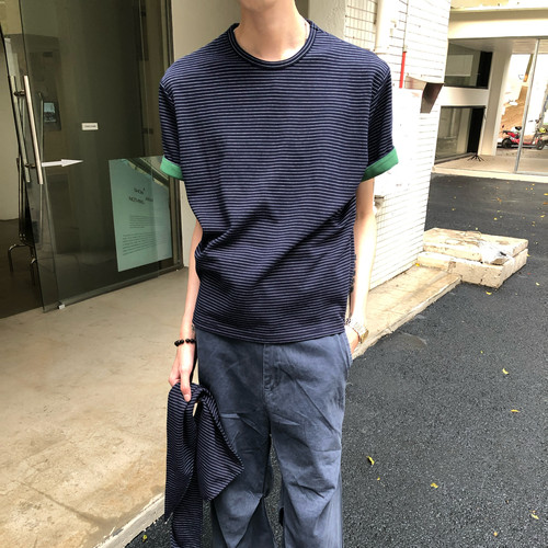 拼色内里条纹短袖T恤简约