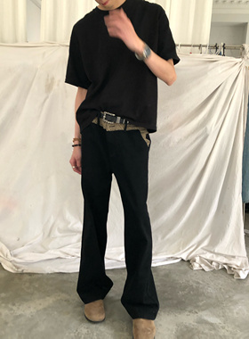 BUFANSTUDIO千鸟格纹拼接腰头小众设计微喇牛仔裤黑牛cleanfit男